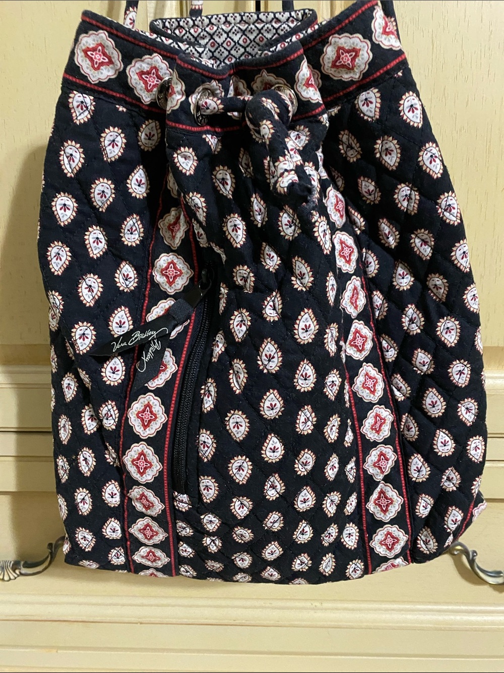 Vera Bradley Black Quilted Drawstring Backpack with Red and Cream Motif